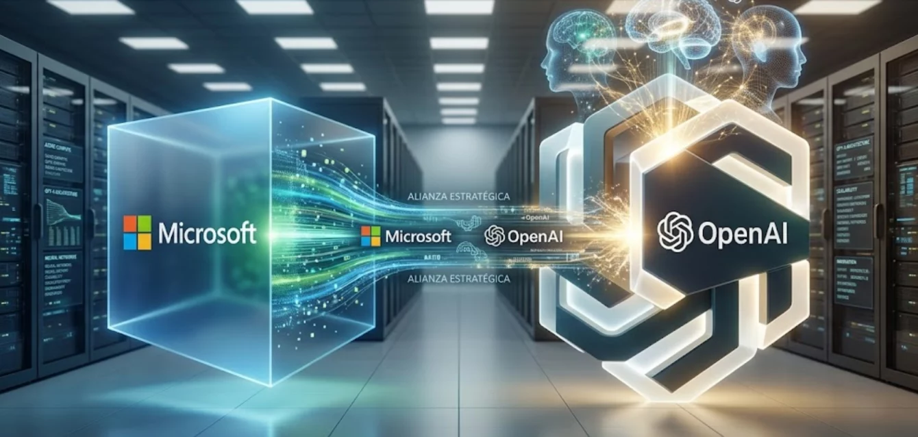Representación visual de la colaboración tecnológica entre Microsoft y OpenAI en el sector de la IA.