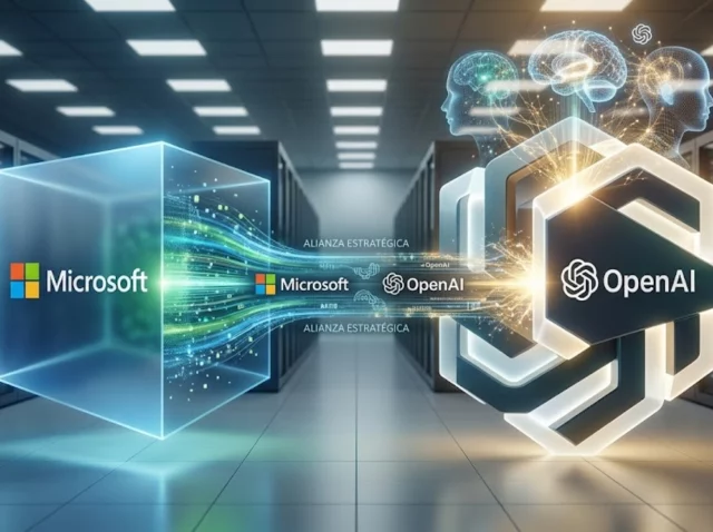 Representación visual de la colaboración tecnológica entre Microsoft y OpenAI en el sector de la IA.
